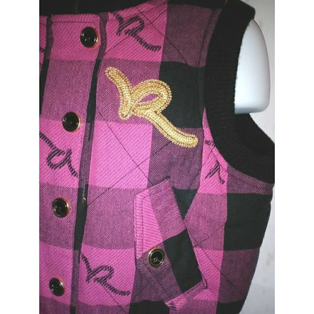 Roca Wear Girls Zip Front Quilted Vest Size 4 Pink Black Plaid
